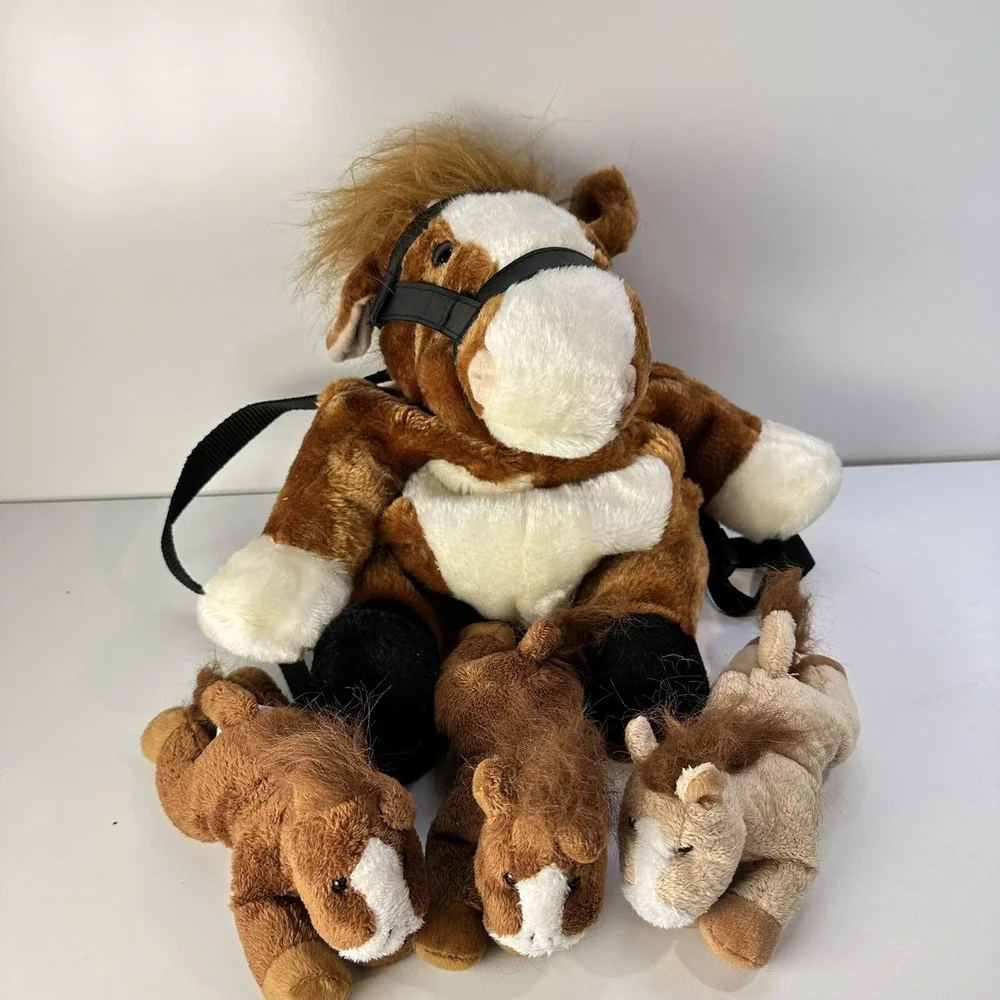 Vintage? Horse Pony Plush Zipper Backpack with 3 Babies Rare With Bridle Clean